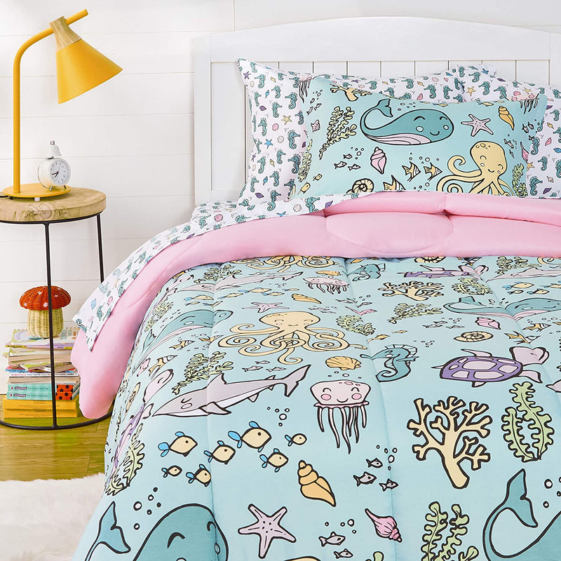 Kids Bed-In-A-Bag Microfiber Bedding Set, Easy Care, Twin, Blue Mermaids - Set of 5 Pieces Home & Garden > Linens & Bedding > Bedding KOL DEALS Ocean Party Bedding Set Twin