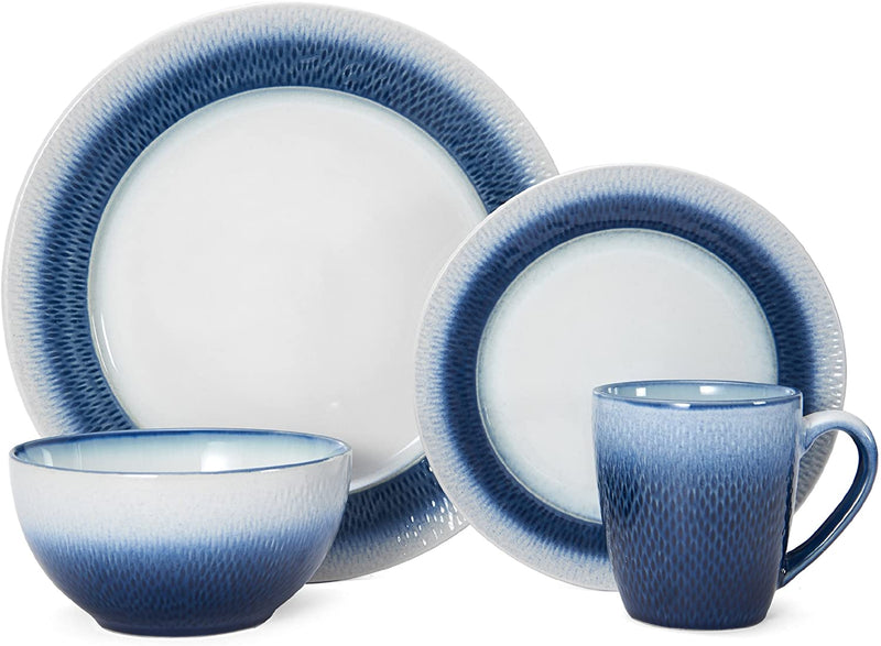 Pfaltzgraff Eclipse Blue 16-Piece Stoneware round Dinnerware Set, 1 Inch Dinner Plate, 8 Inch Salad Plate, 6 Inch Soup Cereal Bowl (26 Ounce) and 14 Ounce Mug, Blue/White