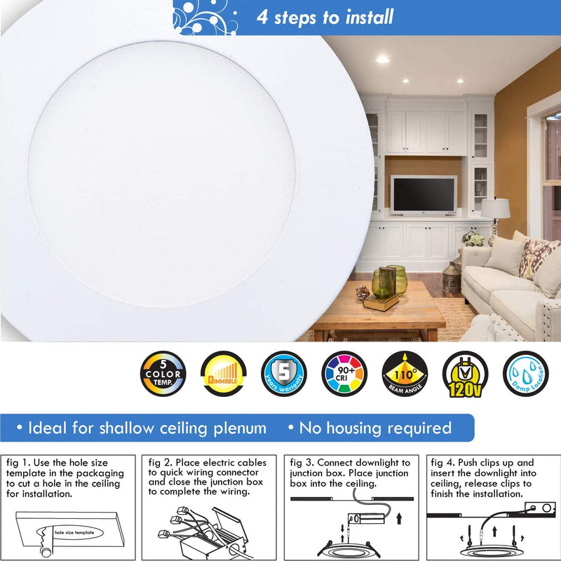 Mw 4 Inch Canless 5 Selectable Color Temperature Ultra-Slim round LED Downlight with Junction Box, 2700 / 3000 / 3500 / 4000 / 5000K, Dimmable, 650LM, Energy Star… Home & Garden > Lighting > Flood & Spot Lights MW LIGHTING   