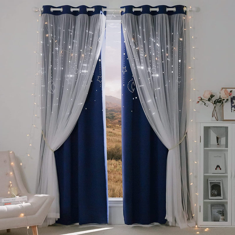 NICETOWN Stars and Moon Hollow-Out Blackout Curtains for Kids Room / Nursery, Grommet Top 2 Layer Window Treatment Curtain Panels for Living Room / Thanksgiving (2-Pack, W52 X L84 Inches, Navy Blue) Home & Garden > Decor > Window Treatments > Curtains & Drapes NICETOWN Navy W52 x L84 