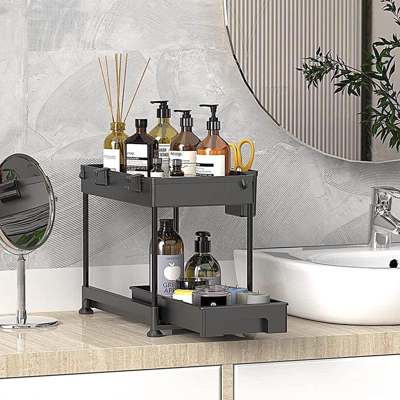 SPACELEAD under Sink Organizers and Storage, under Sliding Cabinet Basket Organizer, 2 Tier under Sink Storage for Bathroom Kitchen with Hooks, Hanging Cup, the Bottom Can Be Pulled Out Black