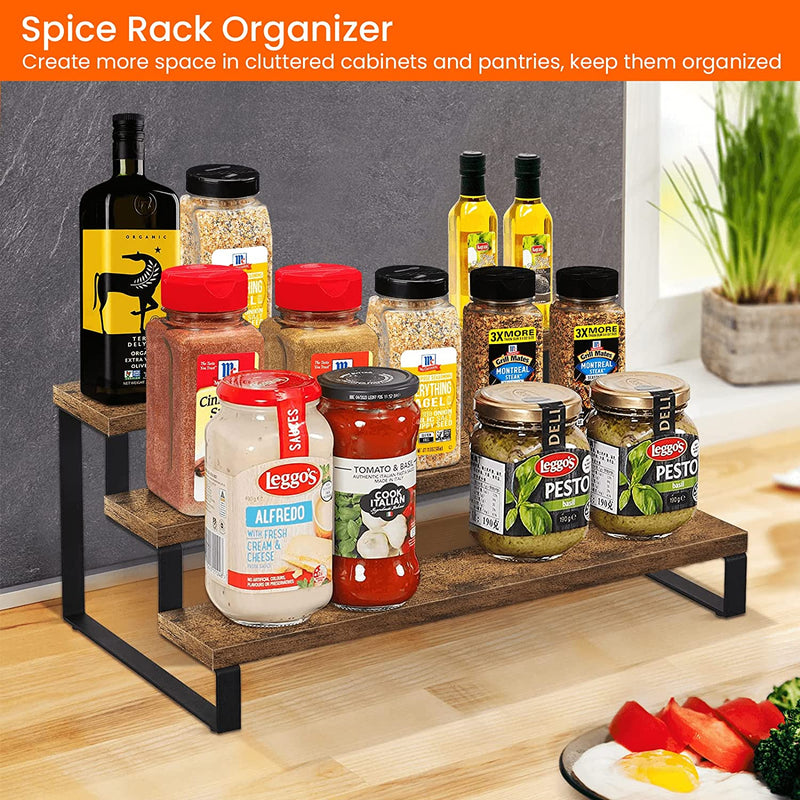 Homode Spice Rack Organizer for Cabinet, Spice Storage Shelf Riser for Pantry Cupboard, 3 Tier Wood Spice Stand for Kitchen Counter, Metal Frame, Rustic Brown and Black Home & Garden > Decor > Decorative Jars Homode   