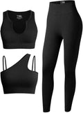 OQQ Women'S 3 Piece Outfits Ribbed Seamless Exercise Scoop Neck Sports Bra One Shoulder Tops High Waist Leggings Active Set Sporting Goods > Outdoor Recreation > Winter Sports & Activities OQQ Black1 Small 