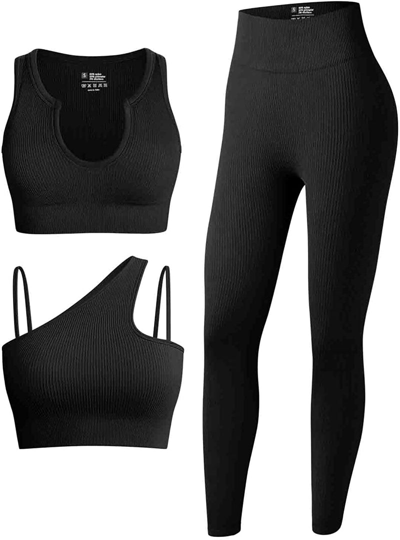 OQQ Women'S 3 Piece Outfits Ribbed Seamless Exercise Scoop Neck Sports Bra One Shoulder Tops High Waist Leggings Active Set Sporting Goods > Outdoor Recreation > Winter Sports & Activities OQQ Black1 Small 
