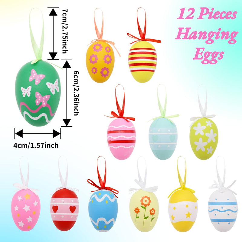 12 Pieces Hanging Plastic Easter Eggs - Assorted Colorful Eggs Hanging Ornaments for Easter Tree Decorations Egg Hunt Activity Kids Home Party DIY Crafts