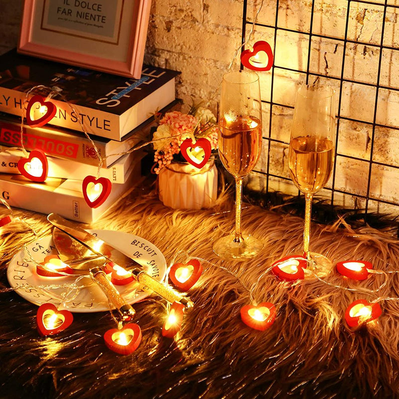LONGRV Valentine'S Day Red Heart Wooden String Lights - 9.85 Feet 20 LED Mini Fairy Lights Battery Operated with 2 Modes for Outdoor Indoor Bedroom Patio Wedding Decoration Home & Garden > Decor > Seasonal & Holiday Decorations LONGRV INC   