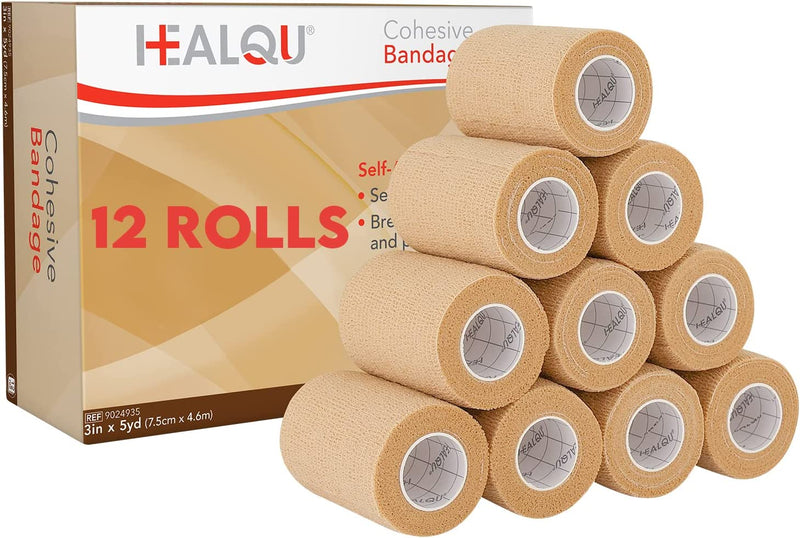 HEALQU Self Adhesive Bandage Wrap – 2" X 5Yd Cohesive Tape for Athletic & Sports - Self Adherent Medical Tape, Flexible, Waterproof Elastic Bandages for Wrist & Ankle Vet Wrap for Dogs (Box of 12) Sporting Goods > Outdoor Recreation > Winter Sports & Activities Healqu 3" Box of 12  