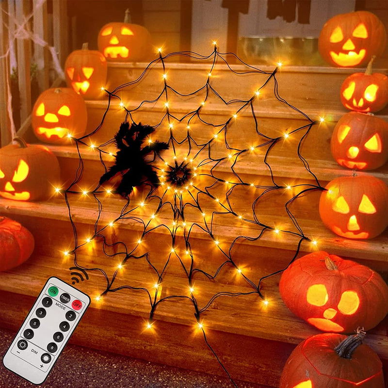 Halloween Spider Web Lights 4FT Diameter 70 LED with Black Spider, Waterproof Purple Net Lights, Remote Control, 8 Modes Cobweb Halloween Decorations for House Garden Indoor Outdoor Scary Theme  LCHUANG Orange  