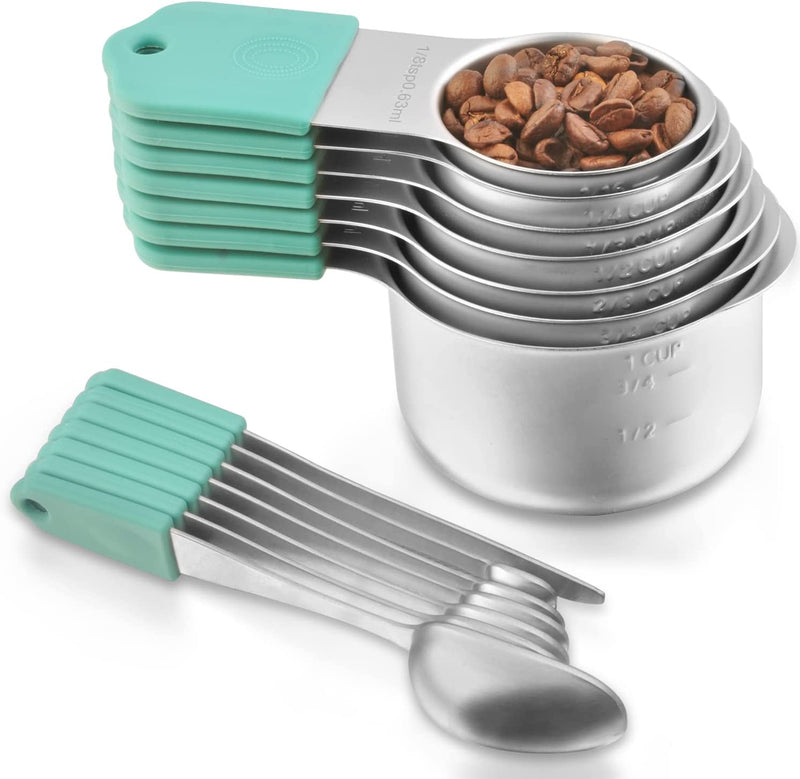 Magnetic Measuring Cups and Spoons Set, Stainless Steel Metal Stackable Nesting Measure Cups,Teaspoon, Tablespoon, 14 Pcs Silicone Handle Kitchen Cooking & Baking Tools, 7 Cups & 6 Spoons &1 Leveler Home & Garden > Kitchen & Dining > Kitchen Tools & Utensils WARMHEART Green 14 set 