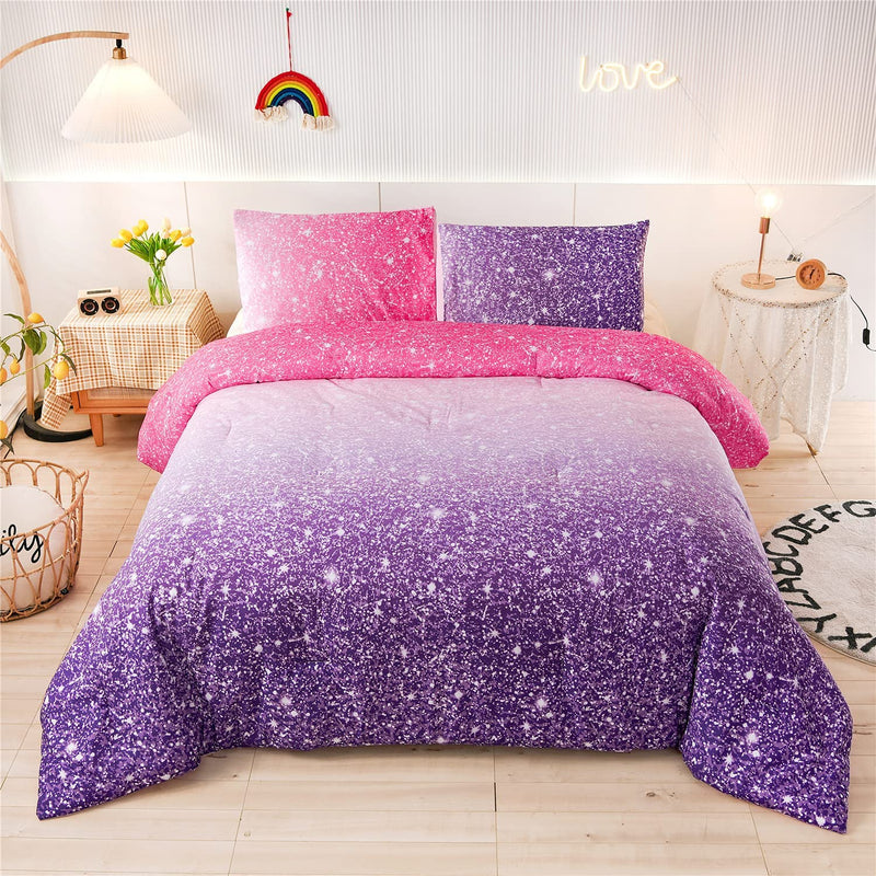 Holawakaka Kids Space Star Glitter Comforter Set Ombre Blue & Purple Print Gradient Bedding Set Full Size (Blue Purple, Full) Home & Garden > Linens & Bedding > Bedding Holawakaka Red Purple Queen 