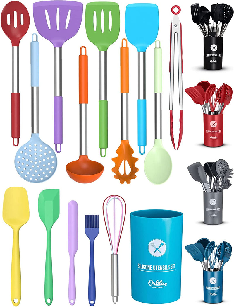 ORBLUE Silicone Cooking Utensil Set, 14-Piece Kitchen Utensils with Holder, Safe Food-Grade Silicone Heads and Stainless Steel Handles with Heat-Proof Silicone Handle Covers, Gray Home & Garden > Kitchen & Dining > Kitchen Tools & Utensils Orblue Zestfully Colored  