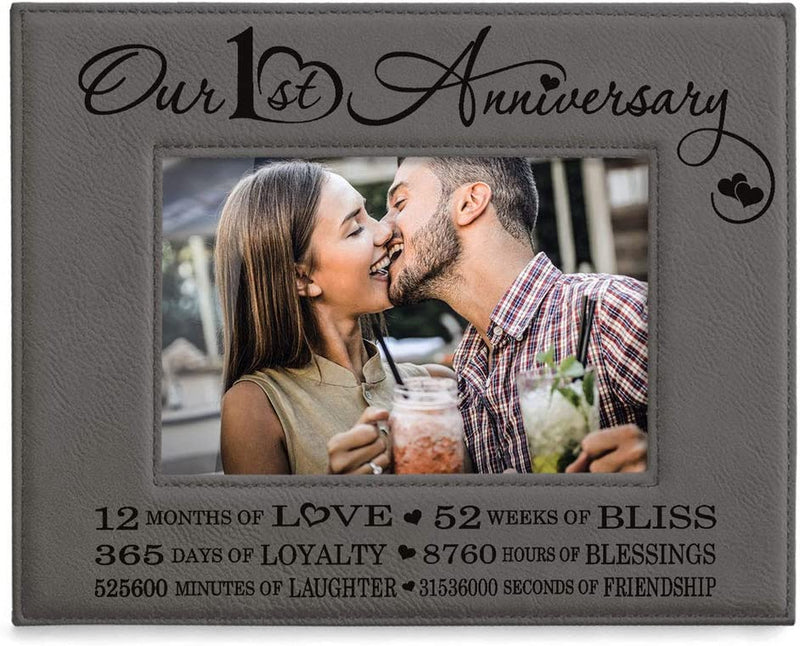 KATE POSH Our First (1St) Anniversary Engraved Leather Picture Frame - Gifts for Couple, Gifts for Him, Gift for Her, Paper, Photo Frame, First Wedding (5X7-Horizontal) Home & Garden > Decor > Picture Frames KATE POSH 5x7-Horizontal (Grey)  