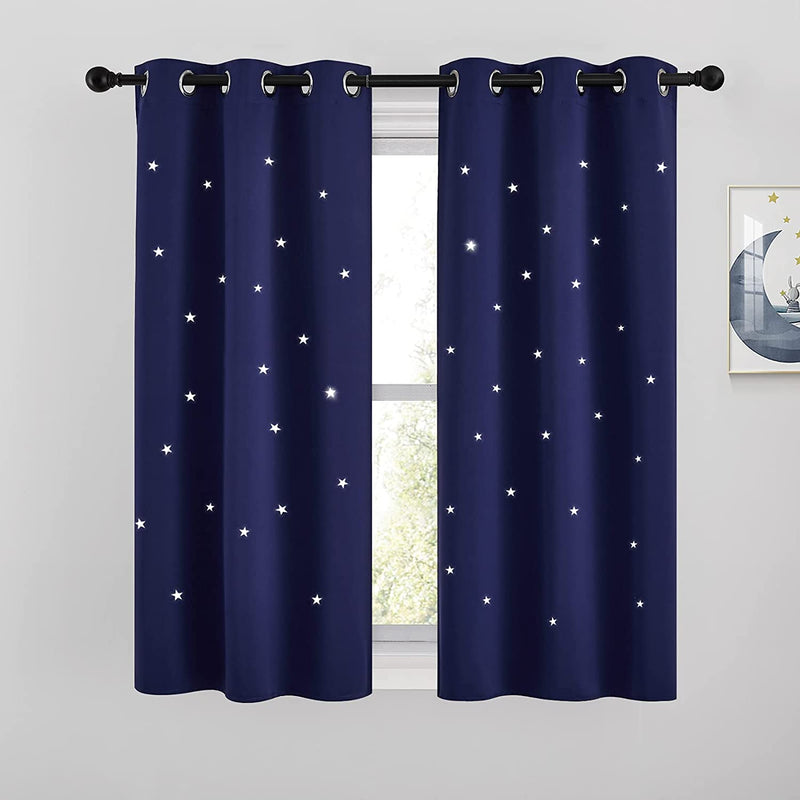 NICETOWN Magic Starry Window Drapes - Laser Cutting Stars Nap Time Blackout Window Curtains for Children'S Room, Nursery, Themed Home, Space-Lovers Decor (W42 X L63 Inches, 2 Pack, Black) Home & Garden > Decor > Window Treatments > Curtains & Drapes NICETOWN Navy Blue W34 x L54 