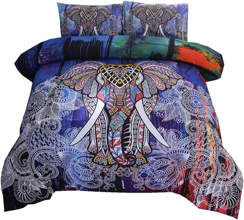 NTBED Bohemian Elephant Comforter Set Queen 3-Pieces Microfiber Exotic Printed Bedding Boho Mandala Printed Quilt Sets , Multi Home & Garden > Linens & Bedding > Bedding NTBED   
