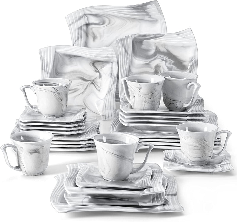 MALACASA Square Dinnerware Sets, 30 Piece Marble Grey Dish Set for 6, Porcelain Dishes Dinner Set with Plates and Bowls, Cups and Saucers, Dinnerware Plate Set Microwave Safe, Series Blance Home & Garden > Kitchen & Dining > Tableware > Dinnerware MALACASA AMPARO 30 Piece (Service for 6) 
