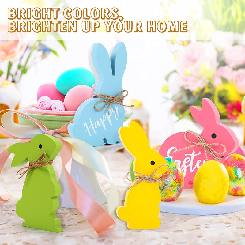 Wooden Bunnies Easter Decorations for the Home Easter Table Decor, 4PCS Cute Easter Bunny Decor with Jute Twine Bow Spring Decorations Easter Tiered Tray Decor for Party Favors Tabletop Indoor Gift RY-36FHJR