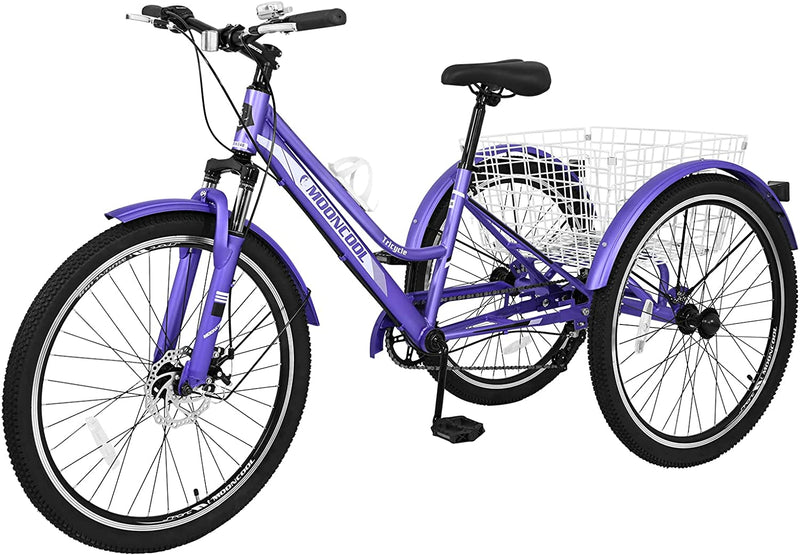 H&ZT Tricycle for Adults, 3 Wheeled Bikes for Adults，Trike Cruiser Bike, W/Large Basket & Maintenance Tools & Shimano Derailleur & Parking Brake Handle Sporting Goods > Outdoor Recreation > Cycling > Bicycles H&ZT MTB- purple 24" Mtb-lower Bar 