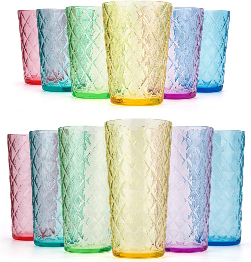 Mixed Drinkware Sets, 15-Ounce and 21-Ounce Acrylic Glasses Plastic Tumbler with Rhombus Design, Set of 12 Multicolor