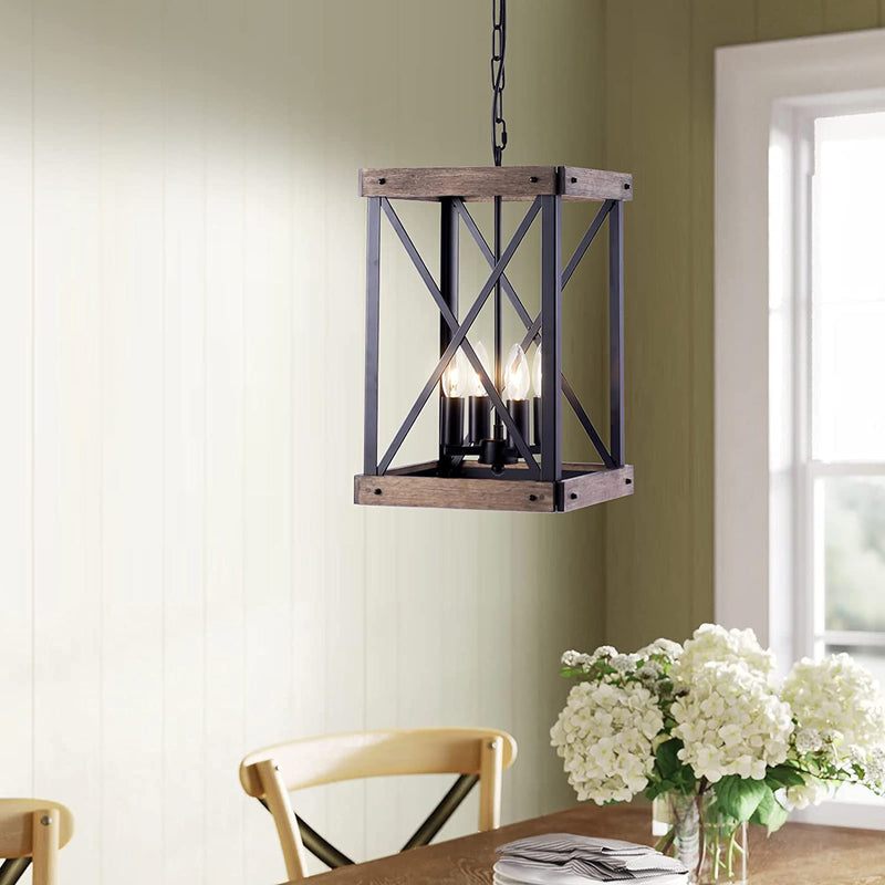 VILUXY Vintage Pendant Light, Classic 4-Light Hanging Pendant Lighting, Black Metal Cage and Wood Shade, for Farmhouse, Entryway, Dining Room, Kitchen Island, Foyer Home & Garden > Lighting > Lighting Fixtures VILUXY   