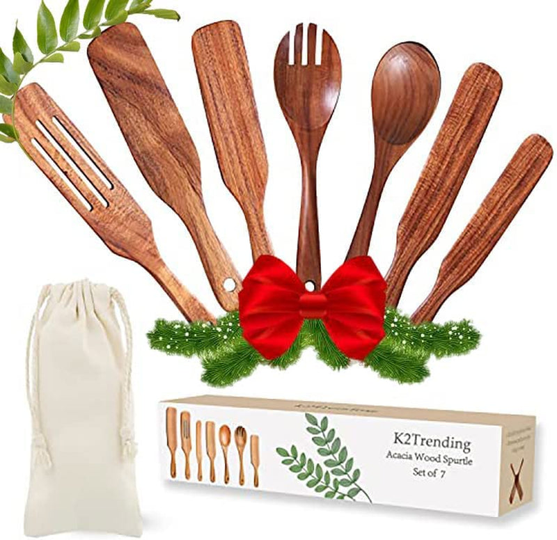 Spurtle, Utensil Sets, 7Pc, Spatula Set, Wooden Spoons for Cooking, Premium Acacia Heat Resistant Cooking Utensil for Nonstick Cookware, Mixing, Serving by K2Trending