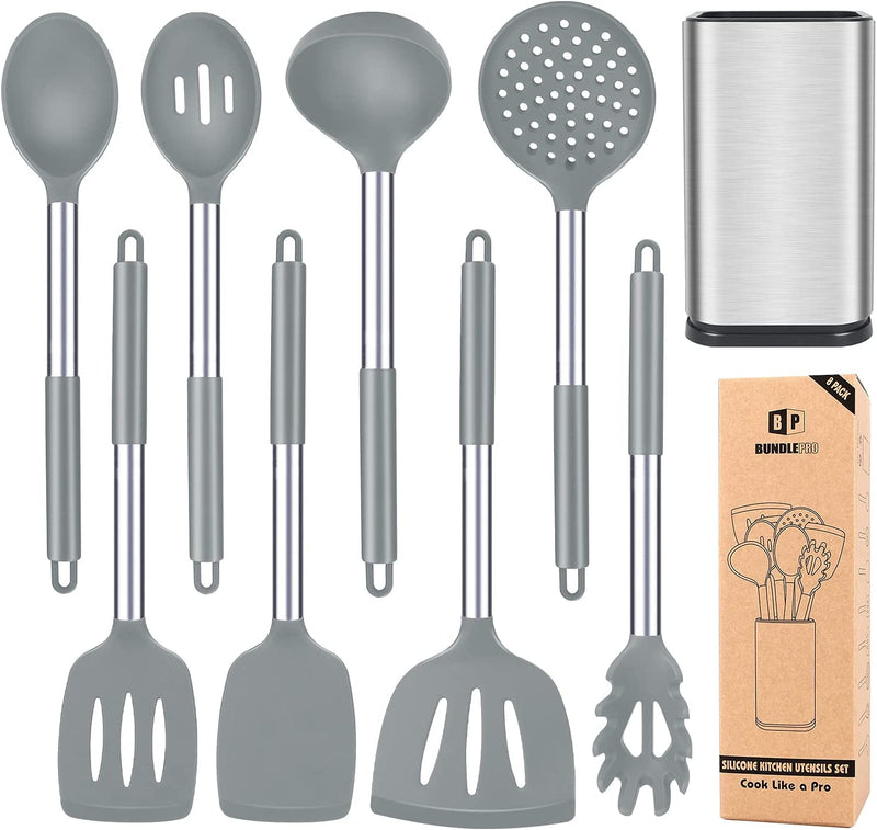 Silicone Cooking Utensil Set, 8Pcs Non-Stick Cookware with Stainless Steel Handle, BPA Free Heat Resistant Kitchen Tools with Spatulas, Turners, Spoons, Skimmer and Pasta Fork Home & Garden > Kitchen & Dining > Kitchen Tools & Utensils BUNDLEPRO Gray  
