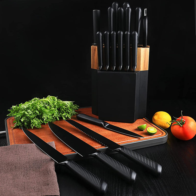 Kitchen Knife Set, 18-Pieces Chef Knife Set with Block, Elegant Black Knife Set, German Stainless Steel Knife Block Set, Not Easy to Rust, Easy to Clean