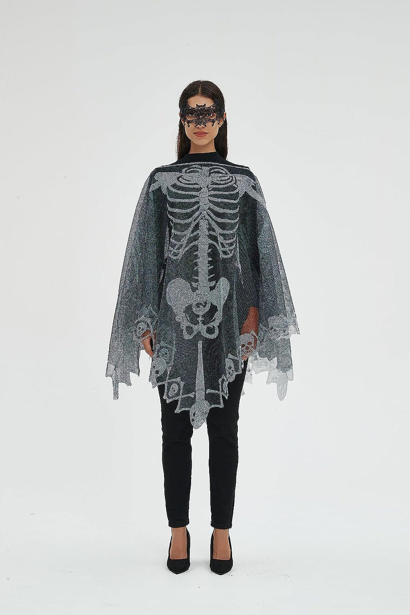 Women'S Skeleton Halloween Costume Skeleton Cape Poncho,Includes Masquerade Mask for Halloween  Qerhod Black  