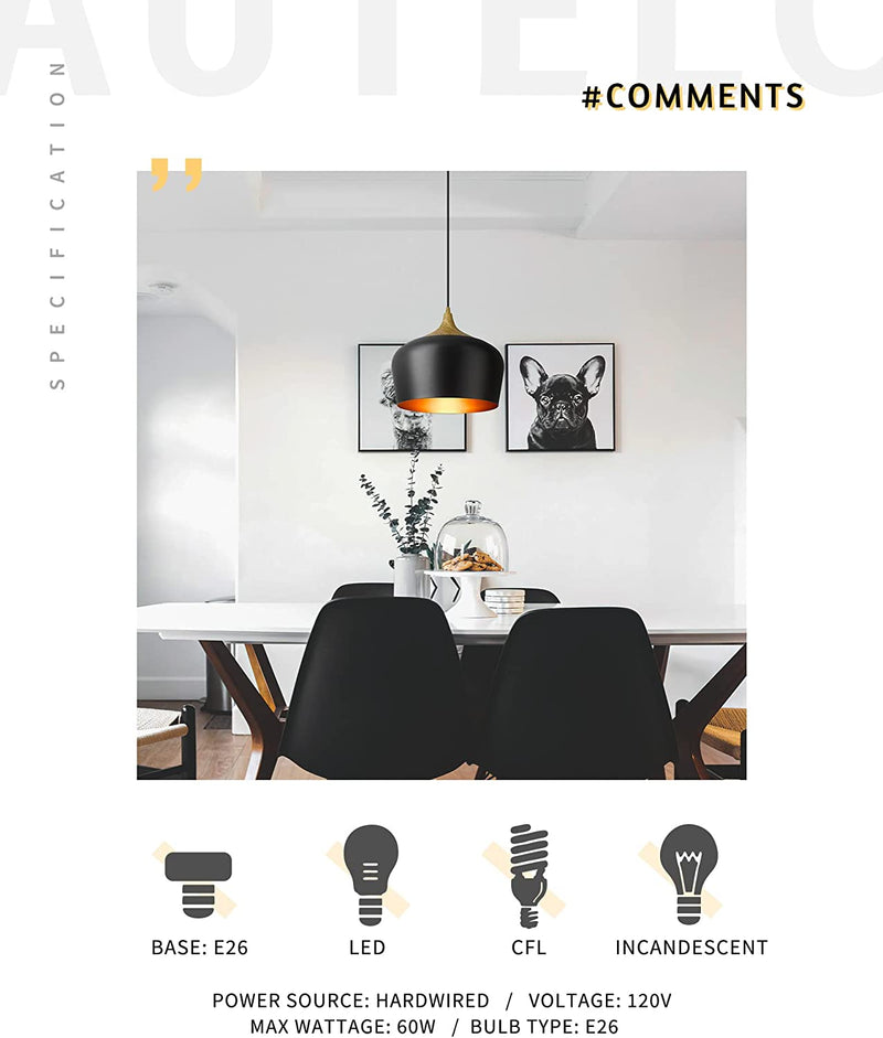 AUTELO Black Pendant Light, Industrial 1-Light Pendant Lighting in Matte Black and Wooden Grain Metal Finish, 11" Adjustable Hanging Light Fixtures for Kitchen Island Dining Room, H9005