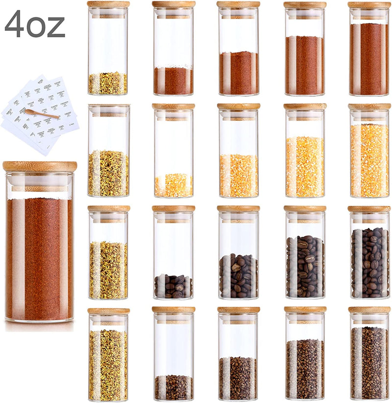 Spice Jars with Label, 20Pcs 4 Oz Glass Spice Jars with Bamboo Airtight Lids, Small Spice Storage Bottles with Spoon, 200 Printed Spice Labels Stickers for Seasoning Containers Home & Garden > Decor > Decorative Jars VIKEYHOME   
