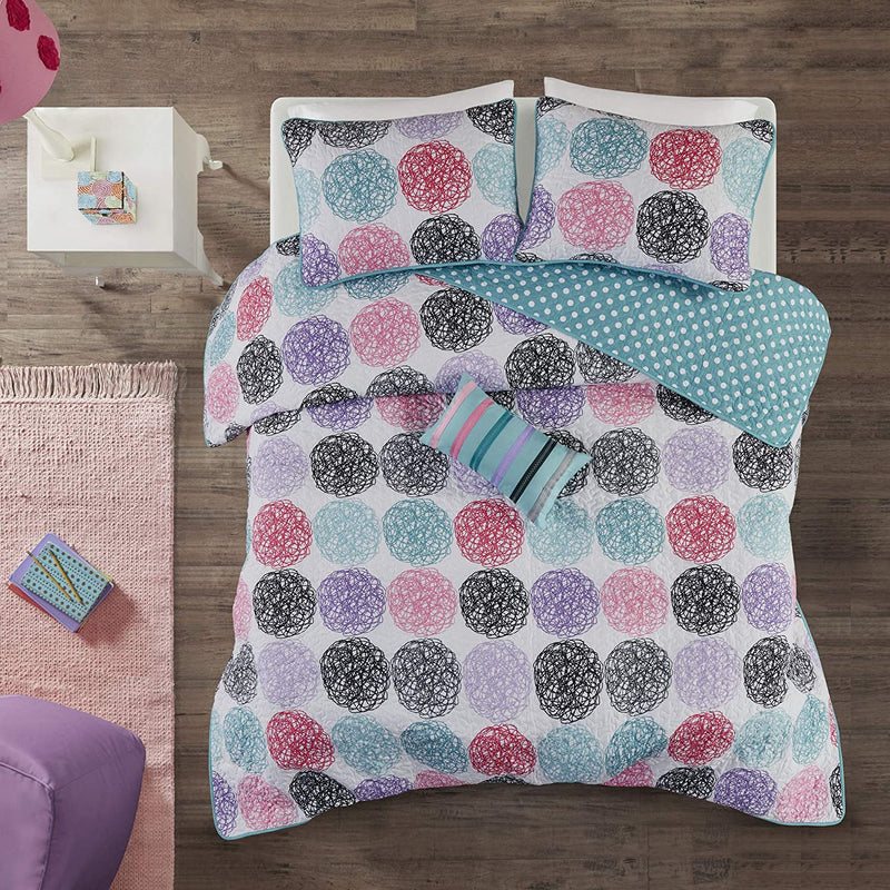 Mi Zone Cozy Quilt Set, Casual Modern Vibrant Color Design All Season Teen Bedding, Coverlet Bedspread, Decorative Pillow, Girls Bedroom Décor, Full/Queen, Carly Circular Purple