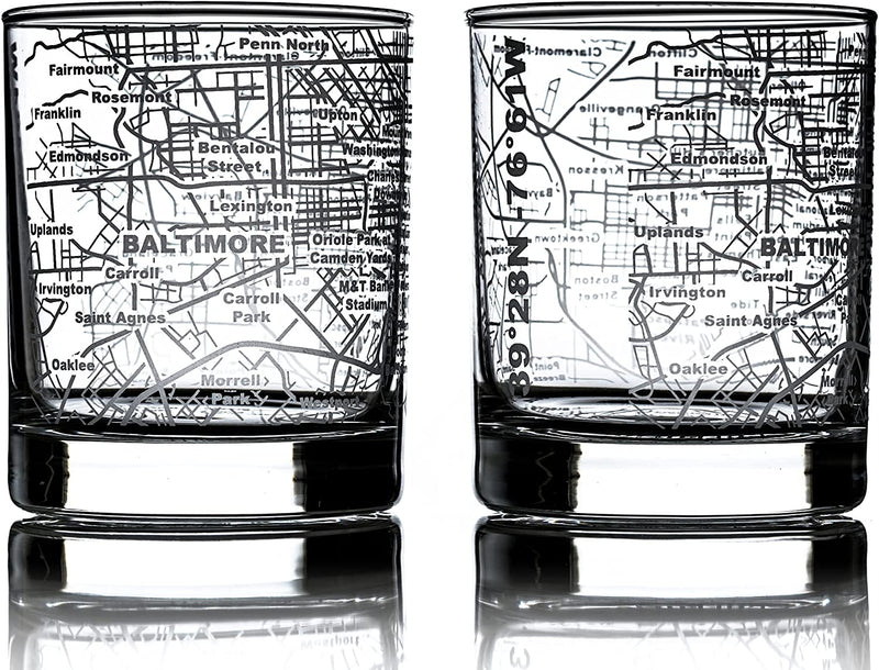 Greenline Goods Whiskey Glasses - 10 Oz Tumbler Gift Set for Denver Lovers, Etched with Denver Map | Old Fashioned Rocks Glass - Set of 2 Home & Garden > Kitchen & Dining > Barware Greenline Goods Baltimore  