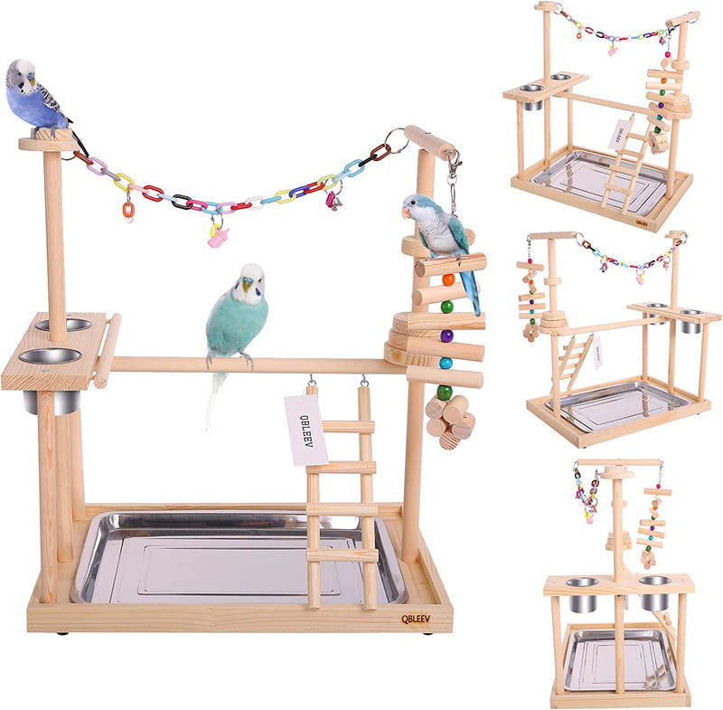 QBLEEV Parrot Playstand Bird Play Stand Cockatiel Playground Wood Perch Gym Playpen Ladder with Feeder Cups Toys Exercise Play (Include a Tray) (16" L*10" W*15" H) Animals & Pet Supplies > Pet Supplies > Bird Supplies QBLEEV L (19"L13"W21"H)  