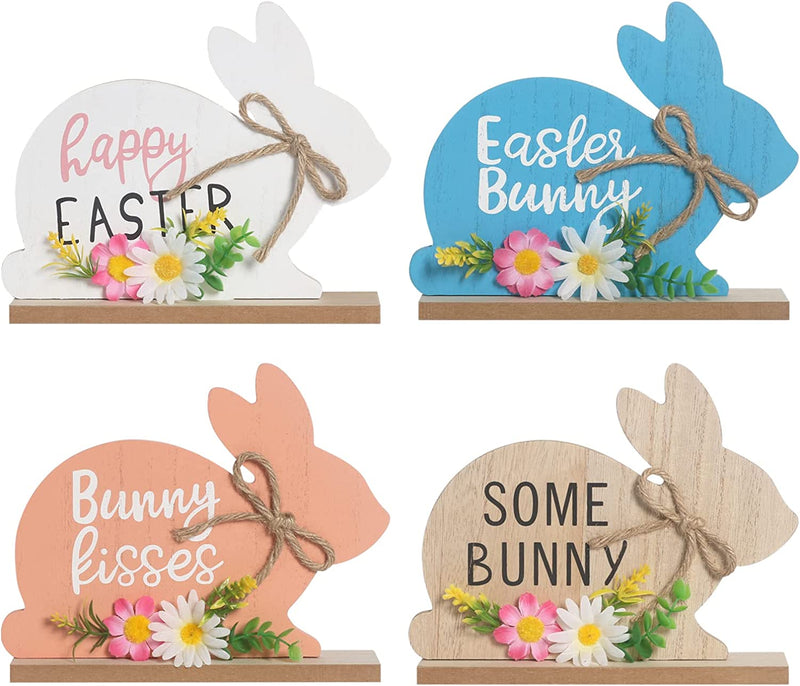 Super Holiday 4PCS Retro Wooden Easter Decorations, Rustic Vintage Easter Bunny Table Decor, for the Home Living Room Farmhouse Office Fireplace Party, Indoor(Four Style).