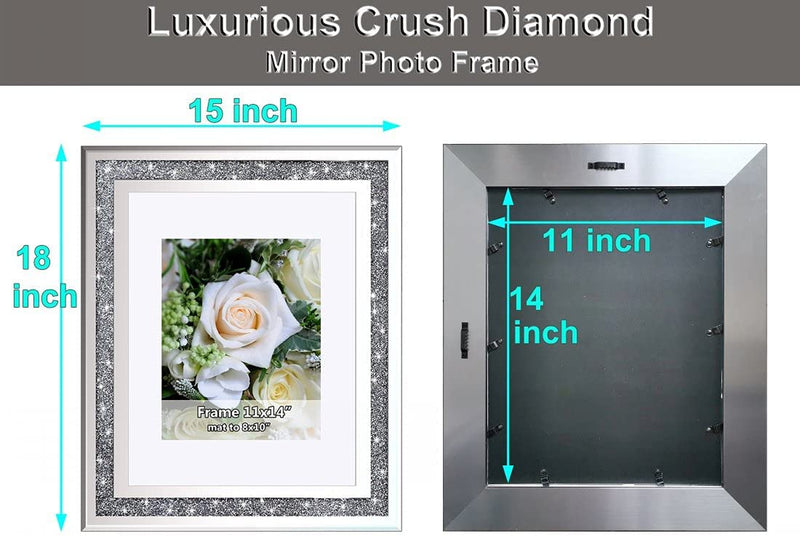 Crushed Diamond Wedding Mirror Photo Frame, Crystal Silver Glass Picture Frame for Photograph Size 11X14 Inch with Mat for 8X10Inch, Pack of 2 Pieces Wall Frame. Bling Sparkle Crushed Diamond Home Decor. Home & Garden > Decor > Picture Frames MY   