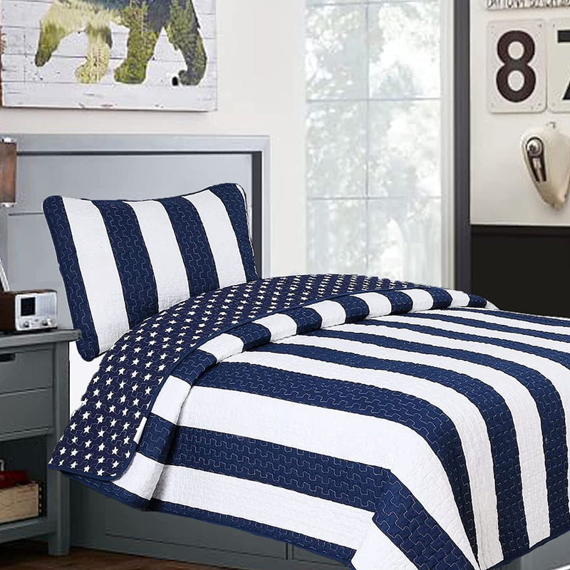 Cozy Line Home Fashions Benjamin Cute Dinosaur Plaid Printed Pattern Navy Blue White Grey Bedding Quilt Set 100% Cotton Reversible Coverlet Bedspread Set for Kids Boy (Queen - 3 Piece) Home & Garden > Linens & Bedding > Bedding Cozy Line Home Fashions Sailor Star-cotton Twin 