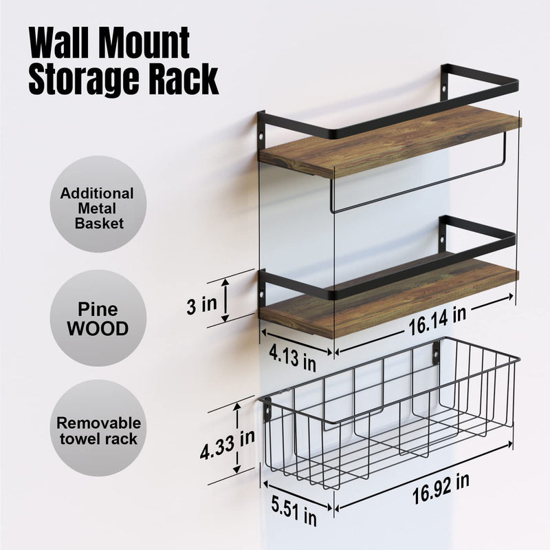 Floating Shelves with Toilet Paper Basket Set by RICHER HOUSE, Rustic Wall Shelves with Removable Towel Bar, Farmhouse Floating Bathroom Shelves for Kitchen and Bedroom - Rustic Brown Home & Garden > Household Supplies > Storage & Organization RICHER HOUSE   