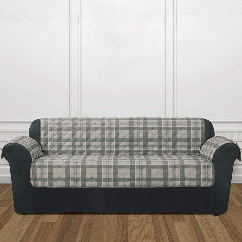 Readyfit by Surefit Reversible Quilted Check Sofa Furniture Protector, Plaid Reverse to Solid 1-Piece Design with Arm Covers Offers Great Protection from Kids and Pets ,Fits Most Sofas (Gray Plaid) Home & Garden > Decor > Chair & Sofa Cushions SureFit   