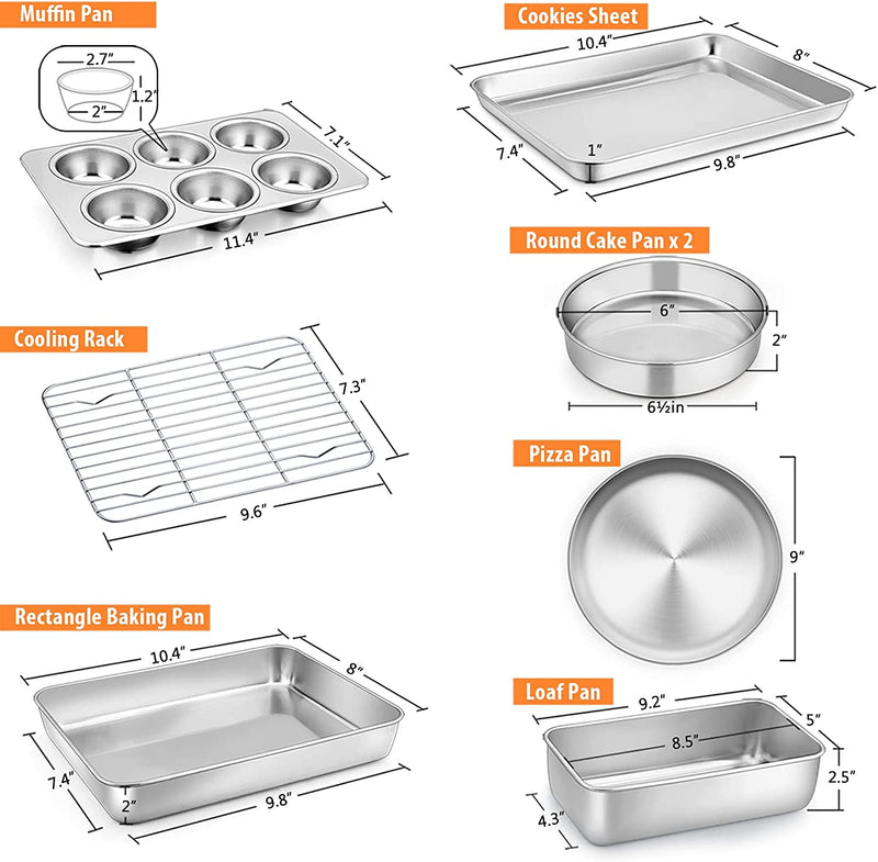 Toaster Oven Bakeware Set, E-Far 8-Piece Stainless Steel Small Baking Pan Set, Include 6-Inch Cake Pan/Rectangle Baking Pan/Cookie Sheet with Rack/Muffin/Loaf/Pizza Pan, Non-Toxic & Dishwasher Safe Home & Garden > Kitchen & Dining > Cookware & Bakeware E-far   