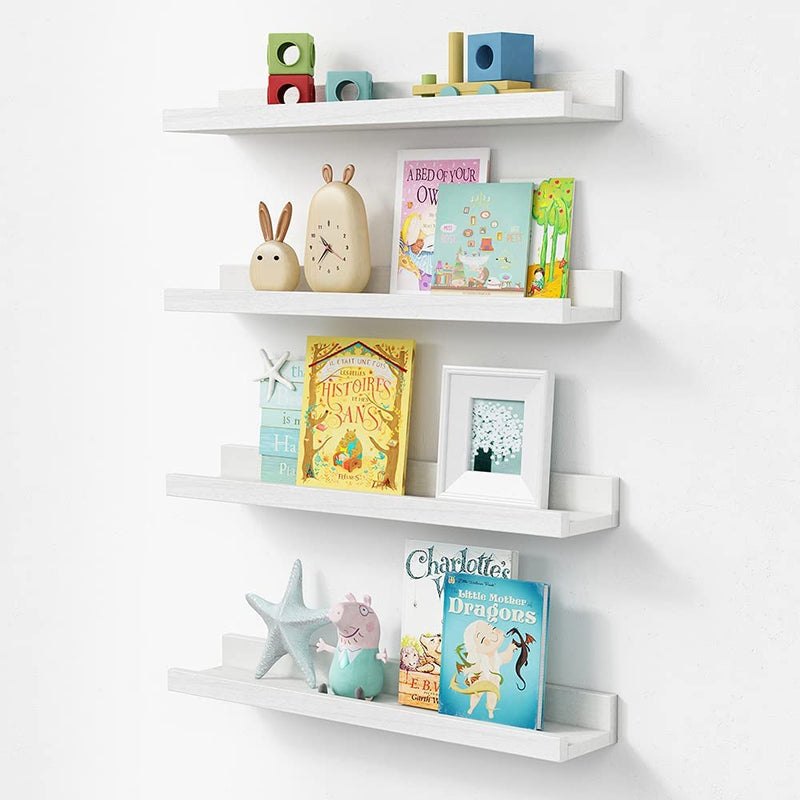 Forbena Nursery Floating Shelves for Wall, 23 Inch Long Nursery Book Shelves Set of 4, Rustic Wood Picture Ledge Shelf for Bedroom, Bathroom, Living Room, Photo Frames, Office Decor (White)