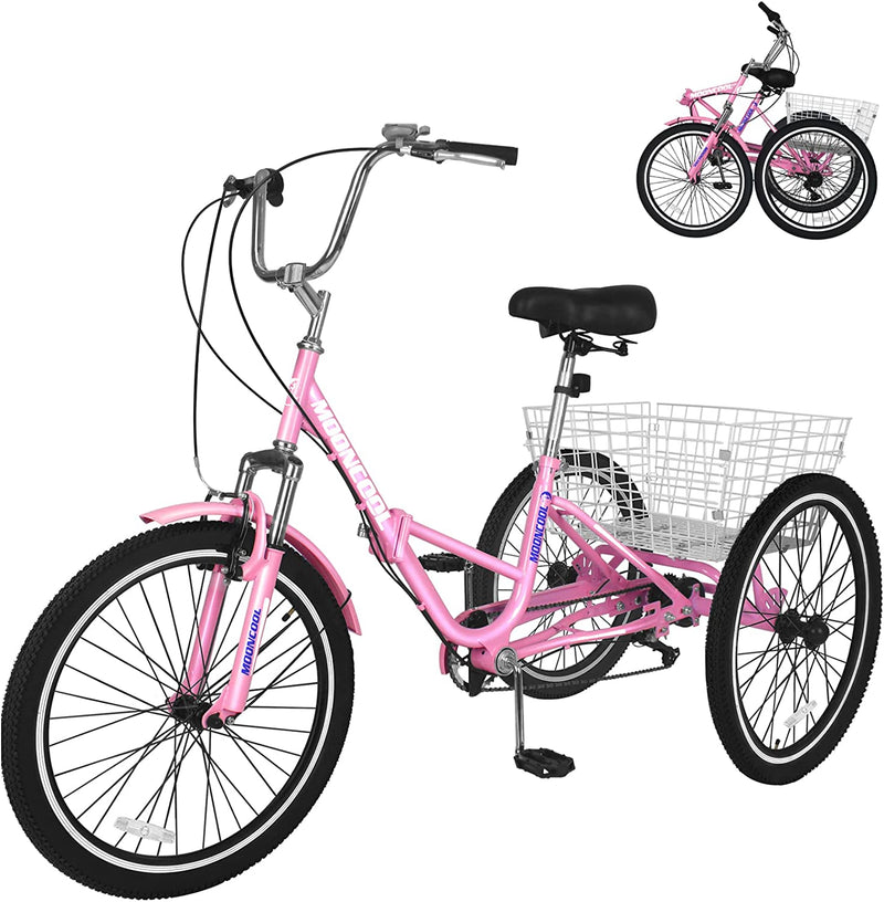 H&ZT Tricycle for Adults, 3 Wheeled Bikes for Adults，Trike Cruiser Bike, W/Large Basket & Maintenance Tools & Shimano Derailleur & Parking Brake Handle Sporting Goods > Outdoor Recreation > Cycling > Bicycles H&ZT FOLDING- pink 26" Foldable 