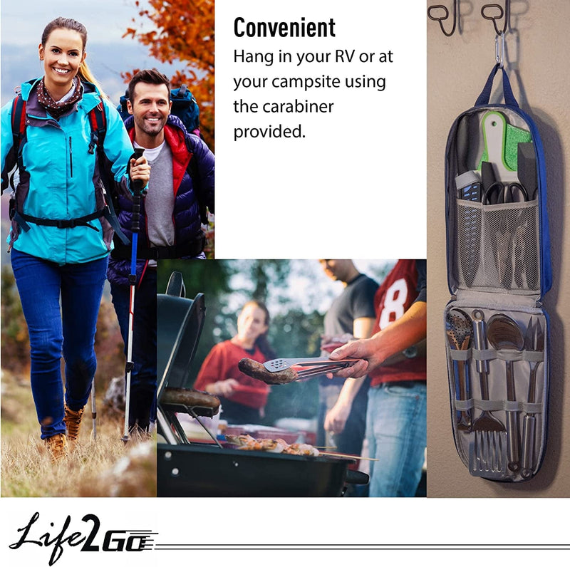 Camp Cooking Utensil Set & Outdoor Kitchen Gear-10 Piece Cookware Kit, Portable Compact Carry Case -For Camping, Hiking, RV, Travel, BBQ, Grilling-Stainless Steel Accessories- Fork, Spoon, Knife, Etc Sporting Goods > Outdoor Recreation > Winter Sports & Activities Life 2 Go   