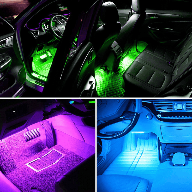 Car LED Strip Lights, 4pcs 48 USB LED Interior Lights, Multicolor Music Car Strip Light Under Dash Lighting Kit with Sound Active Function and Remote Controller, DC 5V