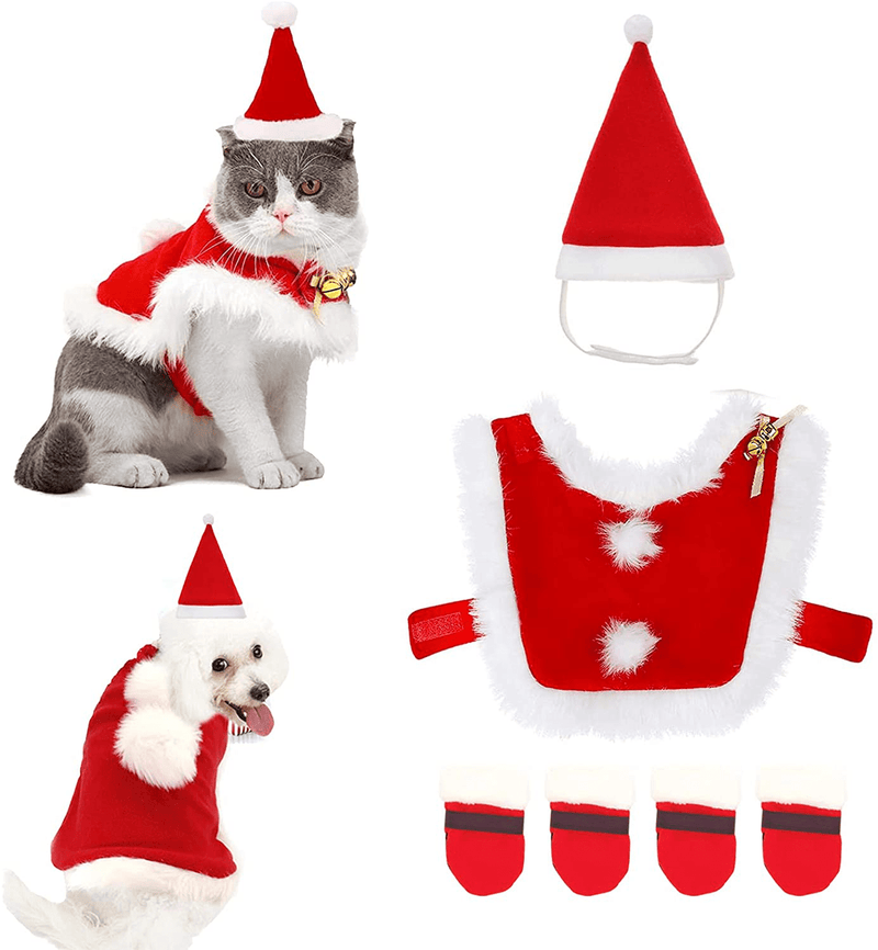 Cat Christmas Costume with Hat - Adjustable Cute Santa Cat Cape with Bells, Xmas Outfit for Dogs Cats Sweet Gift