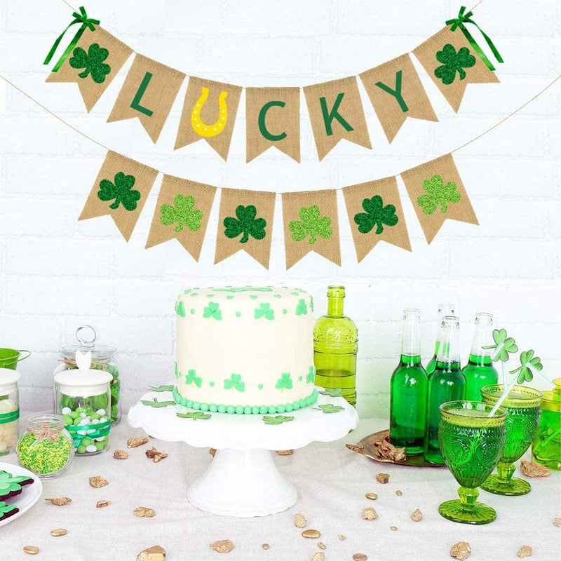 CAVLA Lucky Burlap Banner and Glitter Shamrock Banner St. Patrick'S Day Green Shamrock Lucky Banner Garland with Bows Saint Patrick'S Day Party Decorations for Irish Lucky Day St. Patty'S Day Decor Home & Garden > Decor > Seasonal & Holiday Decorations CAVLA   