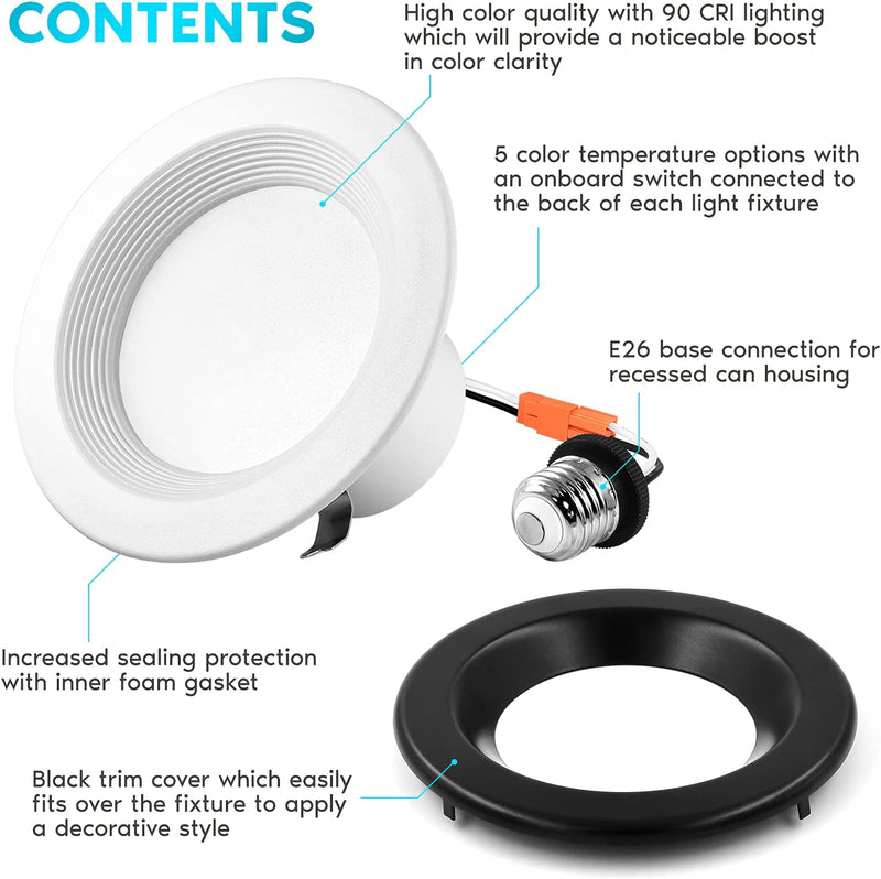 Luxrite 4 Inch LED Recessed Can Lights, 10W=60W, CCT Color Selectable 2700K | 3000K | 3500K | 4000K | 5000K, Dimmable Retrofit Downlights, 750 Lumens, Energy Star, Wet Rated, Black Trim (4 Pack) Home & Garden > Lighting > Flood & Spot Lights Luxrite   