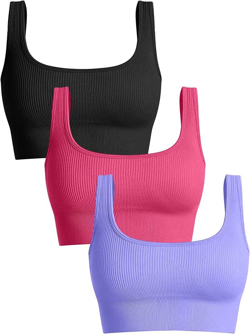 OQQ Women'S 3 Piece Medium Support Tank Top Ribbed Seamless Removable Cups Workout Exercise Sport Bra Sporting Goods > Outdoor Recreation > Winter Sports & Activities OQQ Black Coral Purple Medium 