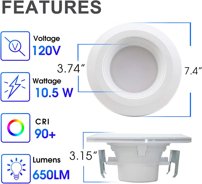 6 Inch LED Recessed Downlight, Dimmable, 10.5W=85W, 3000K Warm White, 650 LM, Wet Rated, Simple Retrofit Installation with Nightlight Feature, Wet Rated, ETL Listed
