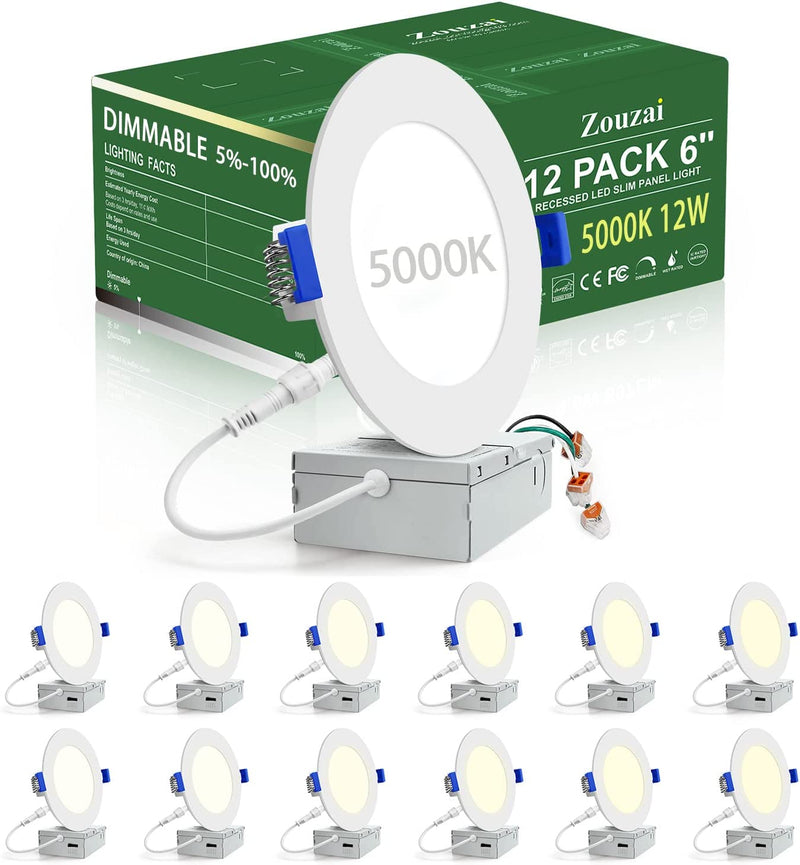 Zouzai 12 Pack 6 Inch 5CCT Ultra-Thin LED Recessed Ceiling Light with Junction Box, 2700K-5000K Selectable, Dimmable Led Downlight，13W Eqv 120W, Led Can Lights- ETL Home & Garden > Lighting > Flood & Spot Lights zouzai 12 Pack 5000K 6 Inch 