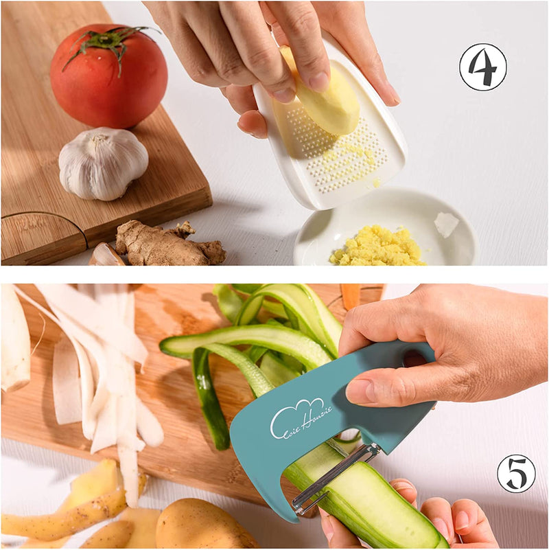 Kitchen Gadgets Set 5 Pieces, Space Saving Cooking Tools Cheese Grater, Bottle Opener, Fruit/Vegetable Peeler, Pizza Cutter, Garlic/Ginger Grinder, Stainless Steel Accessories Dishwasher Safe(Blue)…