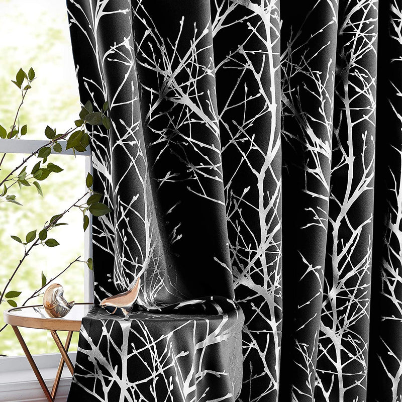FMFUNCTEX Branch Grey Blackout Curtain Panels for Bedroom 84" Foil Gold Tree Branch Window Curtains Metallic Print Energy Efficient Thermal Curtain Drapes for Guest Living Room Grommet Top 2 Panels Home & Garden > Decor > Window Treatments > Curtains & Drapes FMFUNCTEX Foil Silver on Black 50" x 96"L 